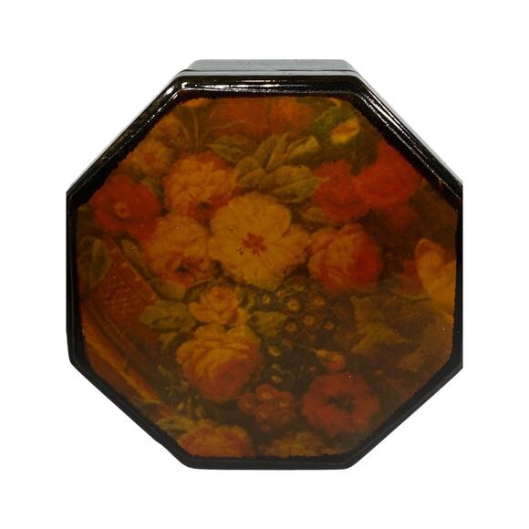 Vintage Black Hexagonal Lacquer Floral Trinket Lidded Jewelry Box Home Decor - Picture 6 of 10